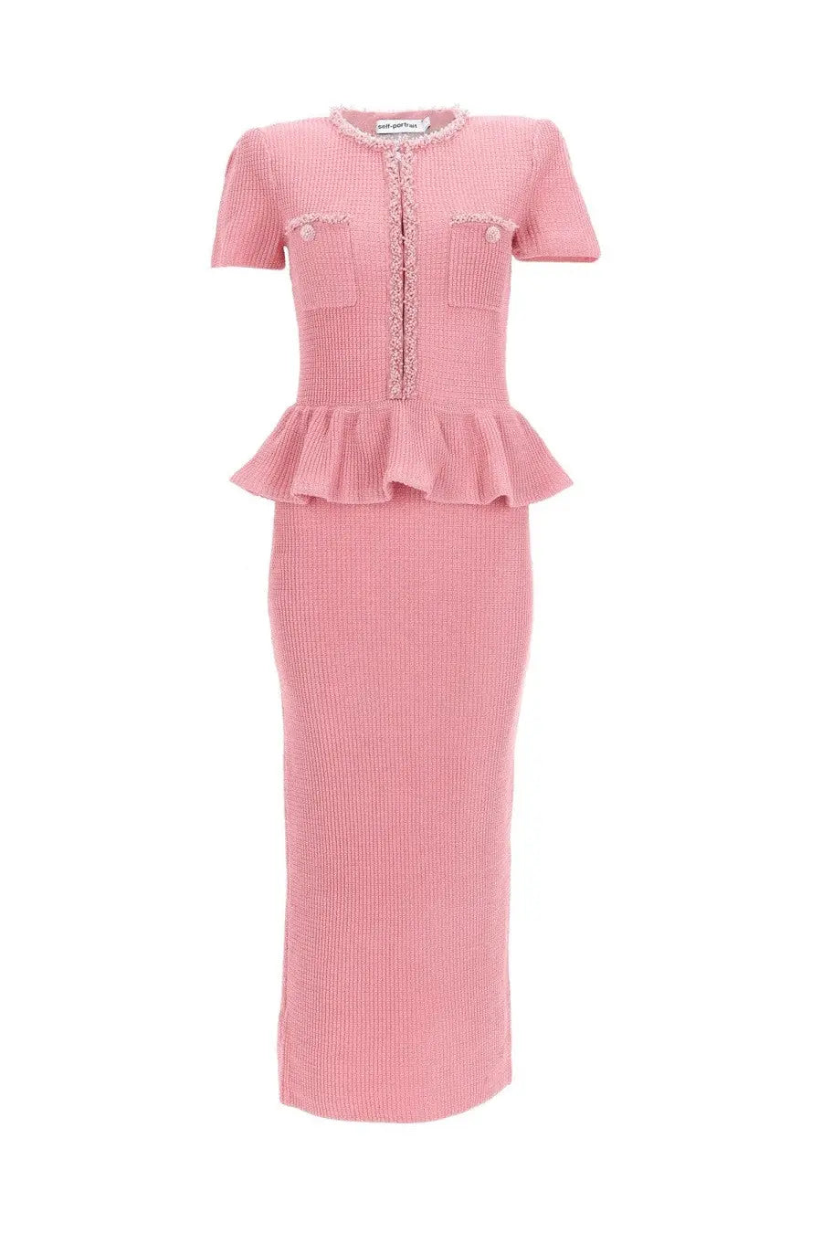 Self-portrait women’s pink tweed two-piece set with ruffled peplum top and ribbed midi skirt featuring pearl buttons