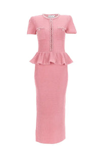 Self-portrait women’s pink tweed two-piece set with ruffled peplum top and ribbed midi skirt featuring pearl buttons