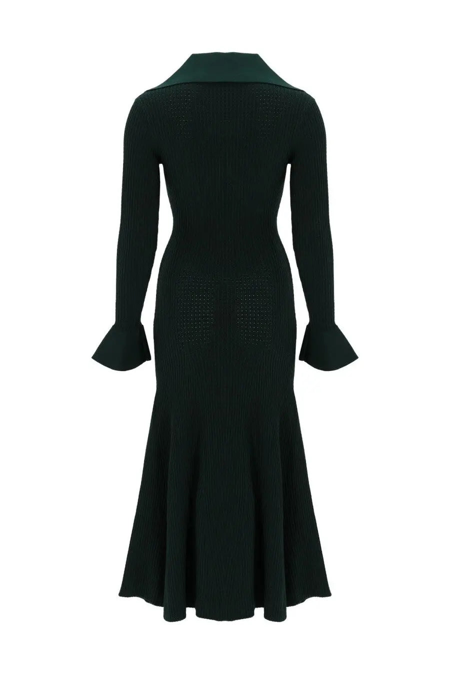 Self-portrait women’s midi dress in dark green ribbed knit with teal collar and flared bell sleeves