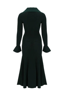Self-portrait women’s midi dress in dark green ribbed knit with teal collar and flared bell sleeves