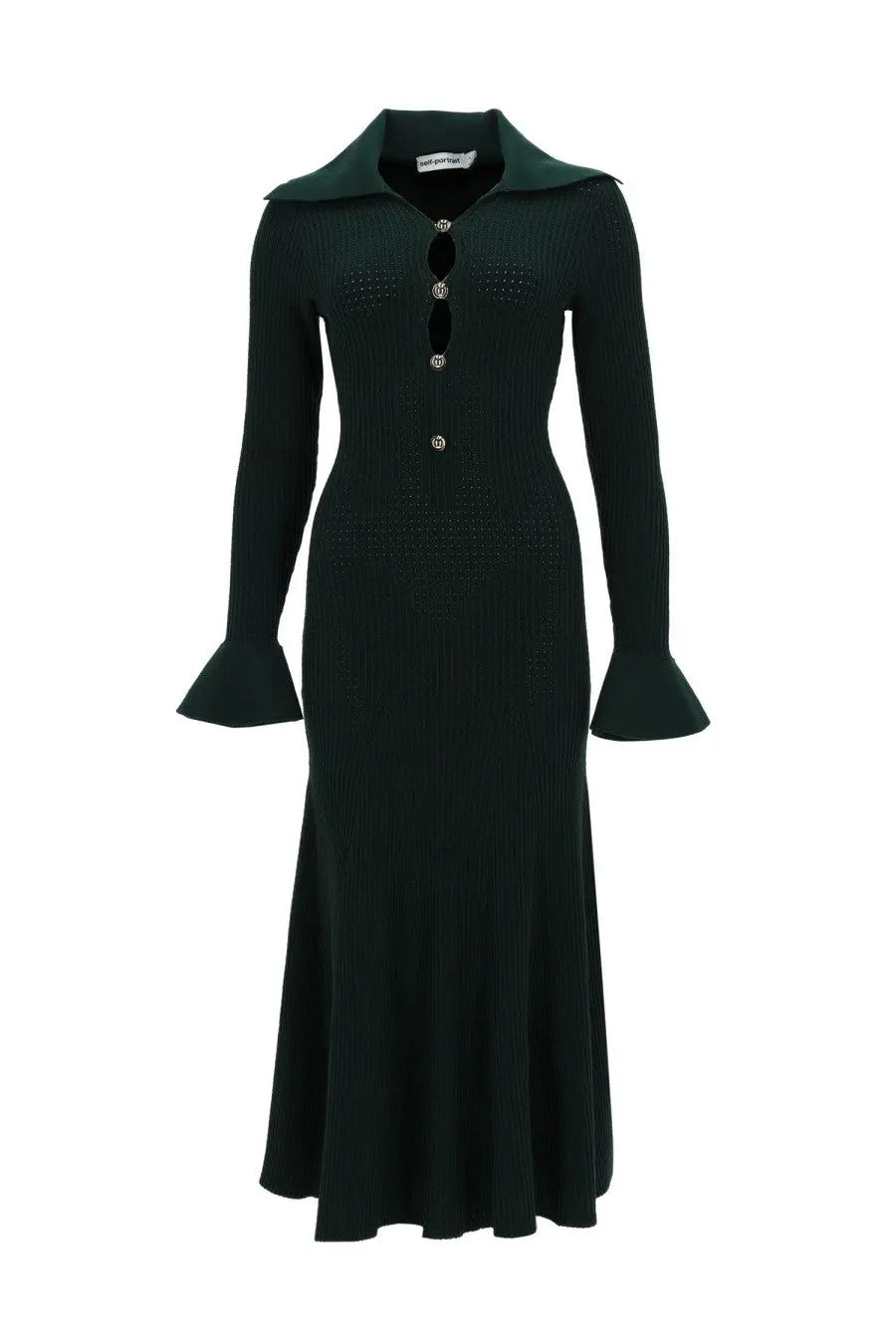 Self-portrait women’s green ribbed knit midi dress with darker collar and flared bell sleeves