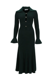 Self-portrait women’s green ribbed knit midi dress with darker collar and flared bell sleeves