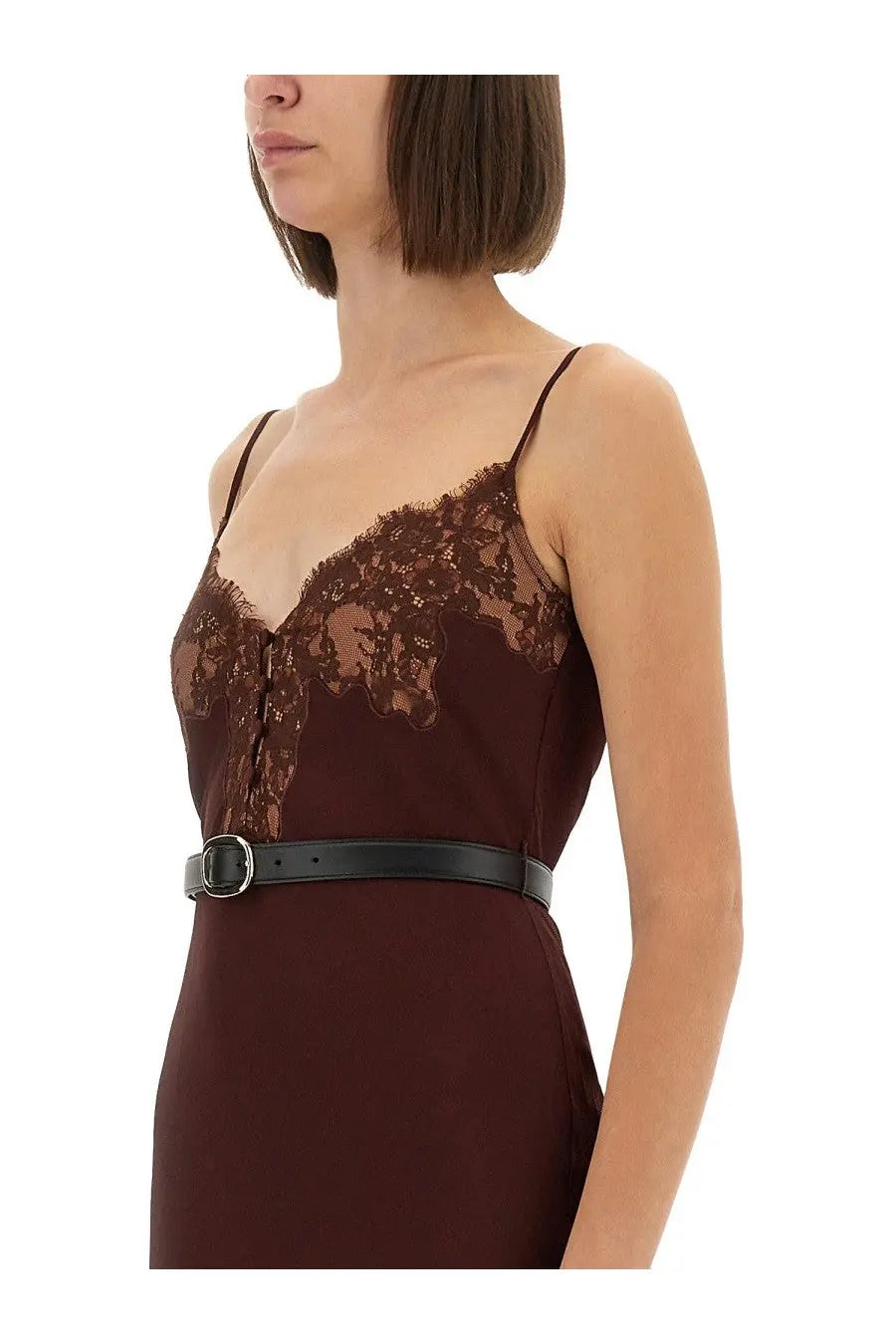 Self-portrait women’s midi dress red with burgundy lace-trimmed spaghetti straps and black leather belt