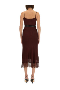 Self-portrait women’s midi dress red in burgundy with thin spaghetti straps fitted bodice and sheer lace hemline