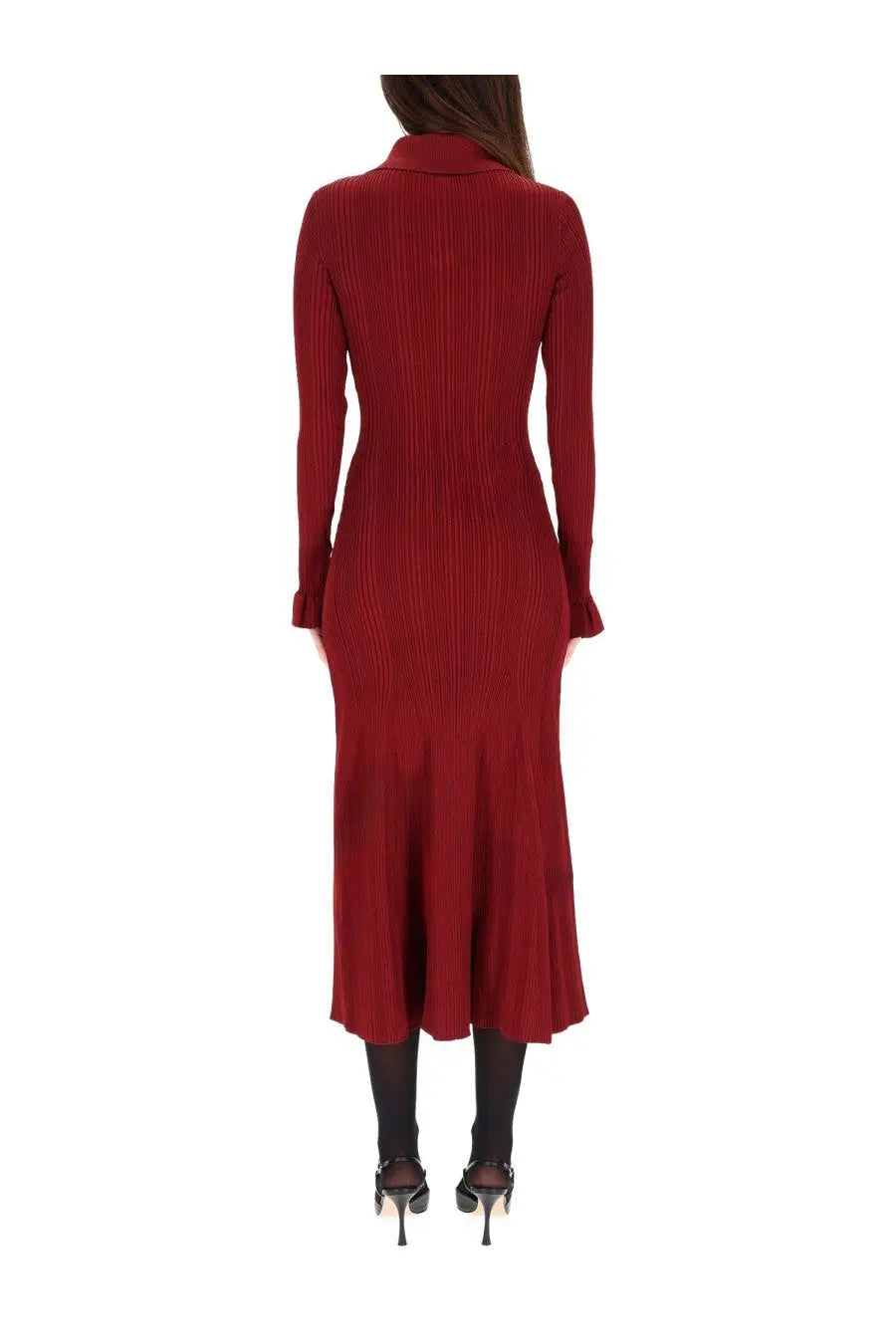 Self-portrait women’s midi dress in red with collar, ribbed texture, and flared sleeves designed for stylish occasions