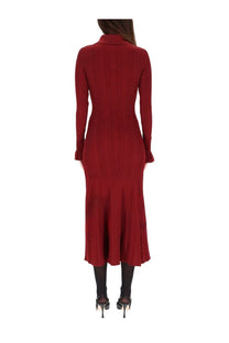 Self-portrait women’s midi dress in red with collar, ribbed texture, and flared sleeves designed for stylish occasions