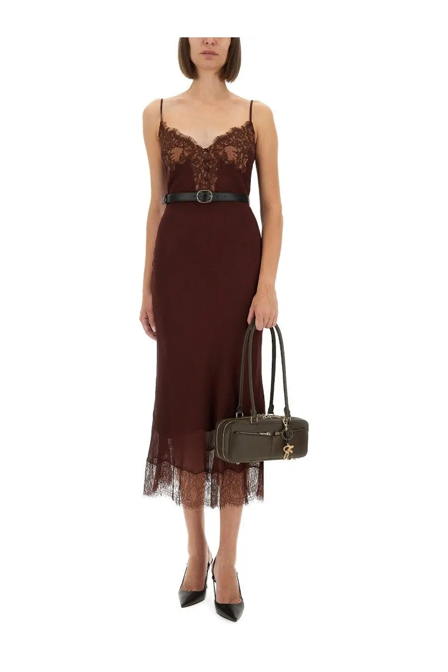 Olive green leather handbag with gold-tone hardware and distinctive logo clasp paired with self-portrait women’s red midi dress