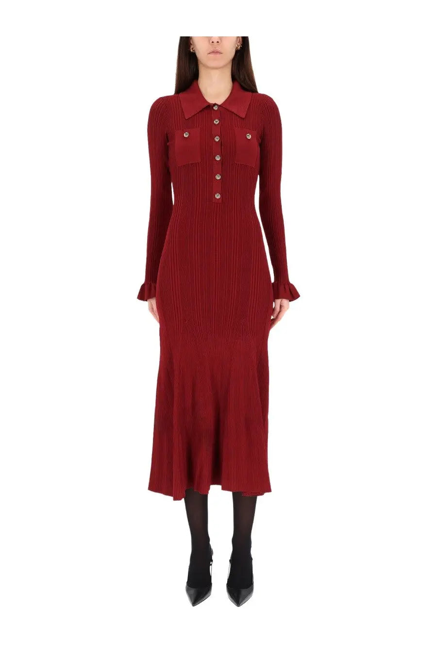 Self-portrait women’s ribbed deep red knit midi dress with collar and button-front detailing