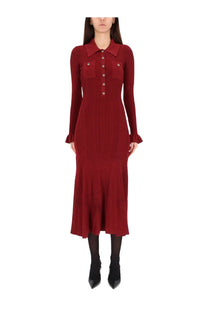 Self-portrait women’s ribbed deep red knit midi dress with collar and button-front detailing