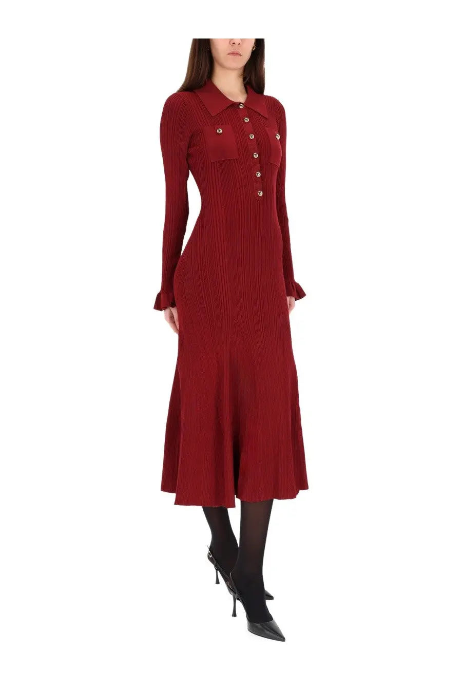 A rich burgundy ribbed knit midi dress by self-portrait with a collar, front buttons, and flared sleeves