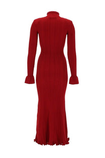 Self-portrait women’s midi dress in rich red ribbed knit with high neckline and flared long sleeves