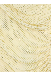 Self-portrait women’s midi dress yellow with cream color, ruched texture, and sparkling silver rhinestone pattern