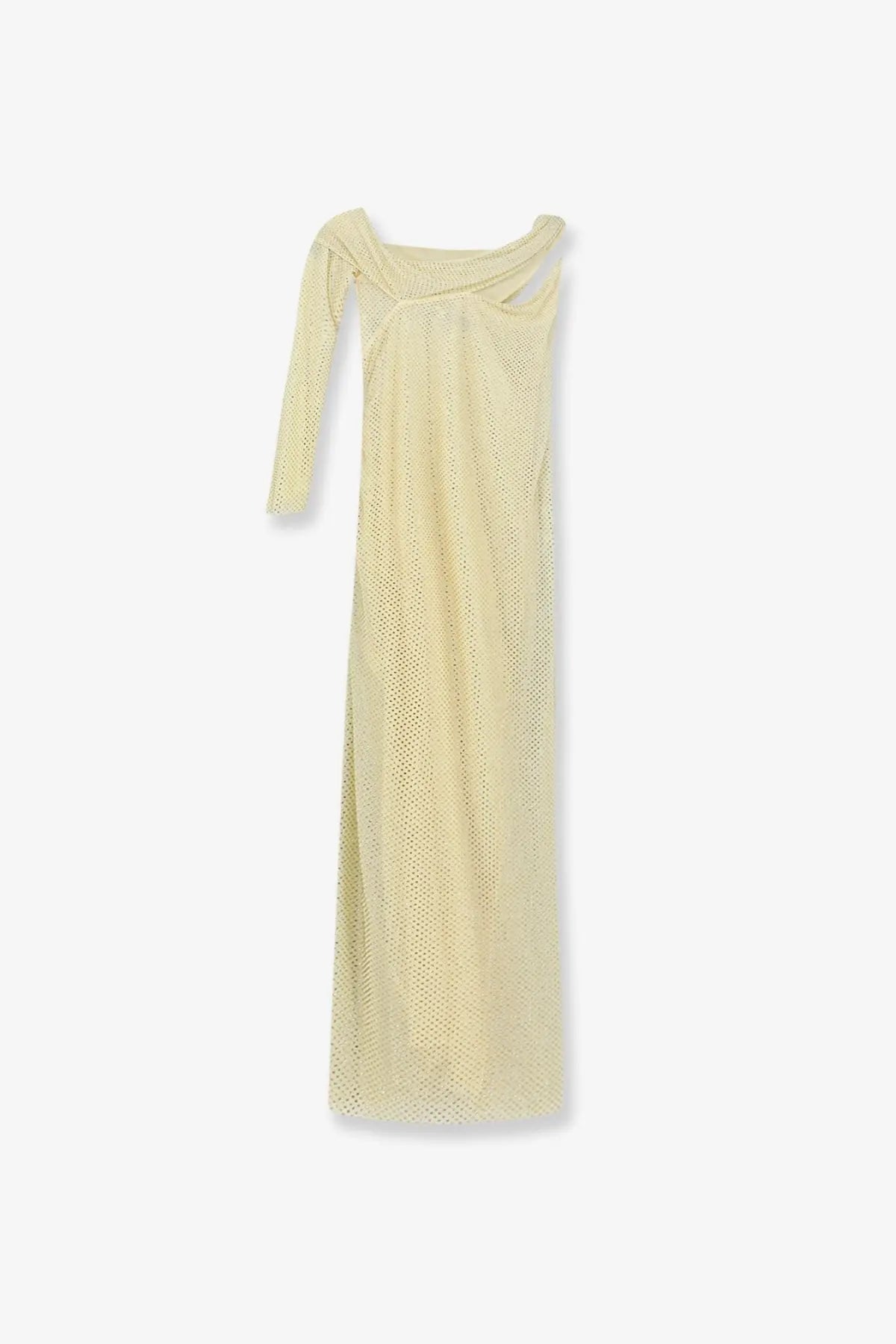 Self-portrait women’s midi dress in pale yellow mesh with long sleeves and draped shoulder detail
