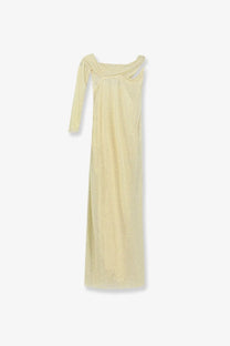 Self-portrait women’s midi dress in pale yellow mesh with long sleeves and draped shoulder detail