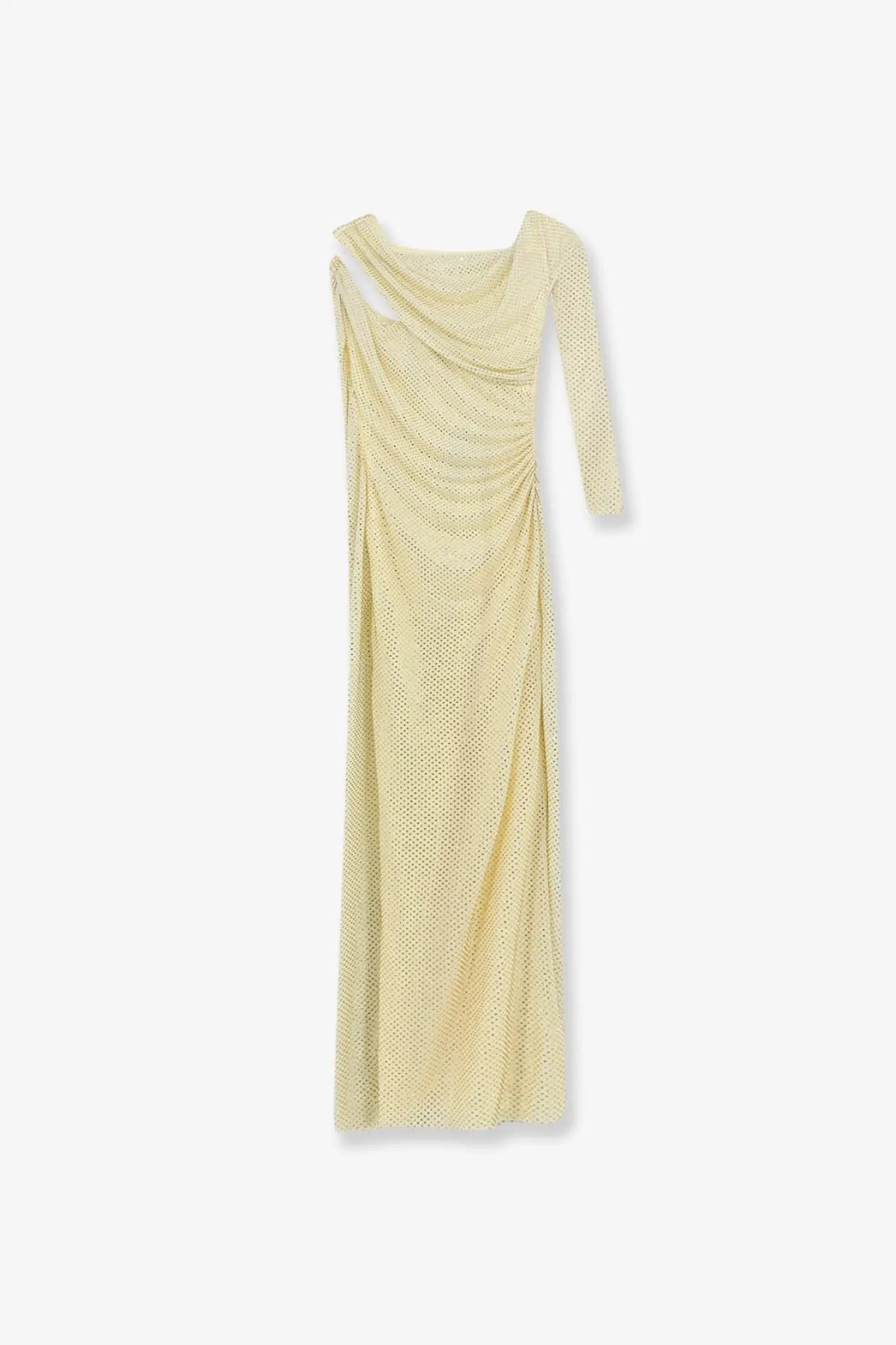 Self-portrait women’s midi dress in pale yellow with one-shoulder design mesh texture and long sleeve floor-length style