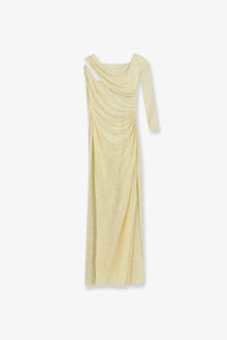 Self-portrait women’s midi dress in pale yellow with one-shoulder design mesh texture and long sleeve floor-length style