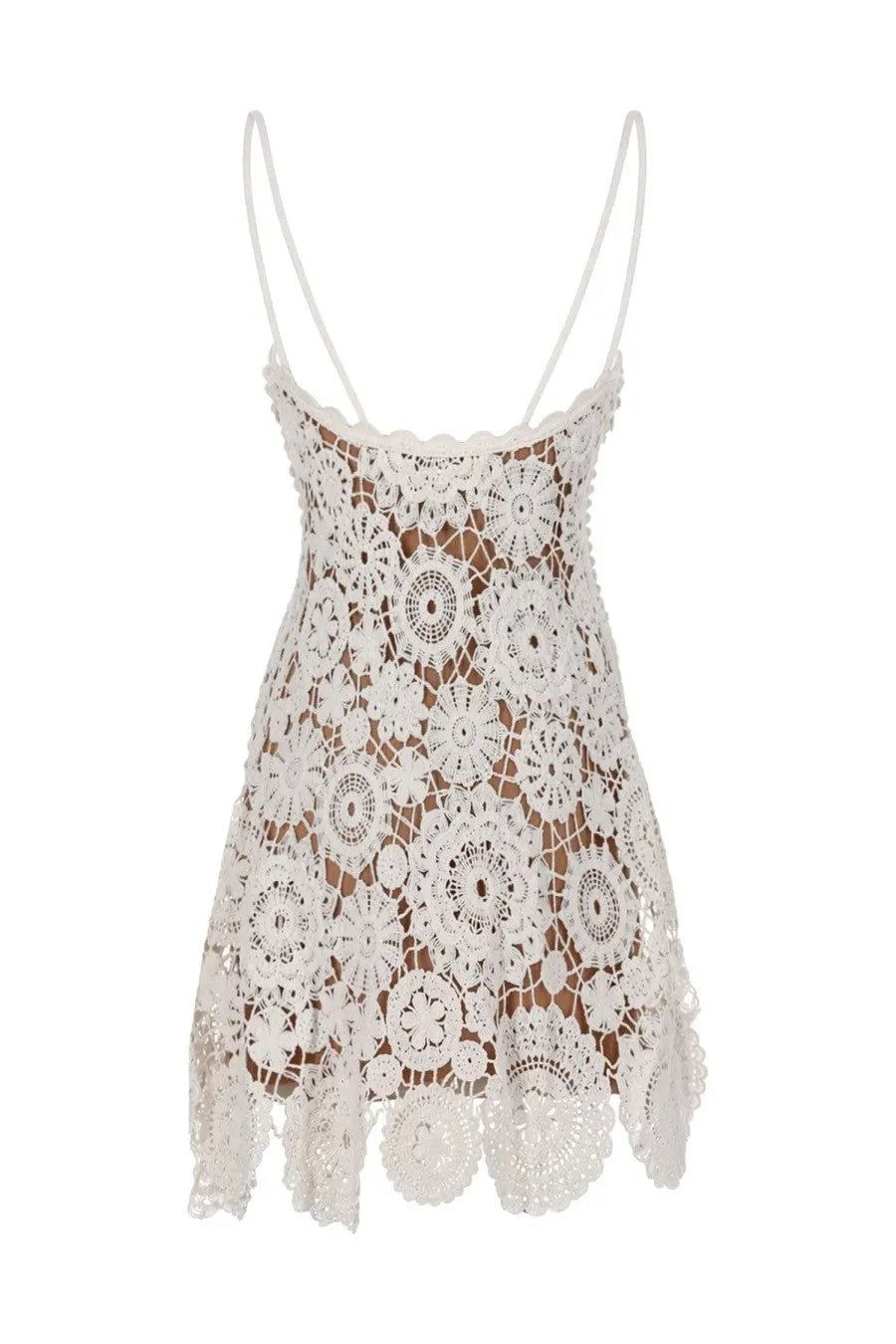 White crochet lace mini dress by self portrait featuring delicate floral patterns and thin spaghetti straps