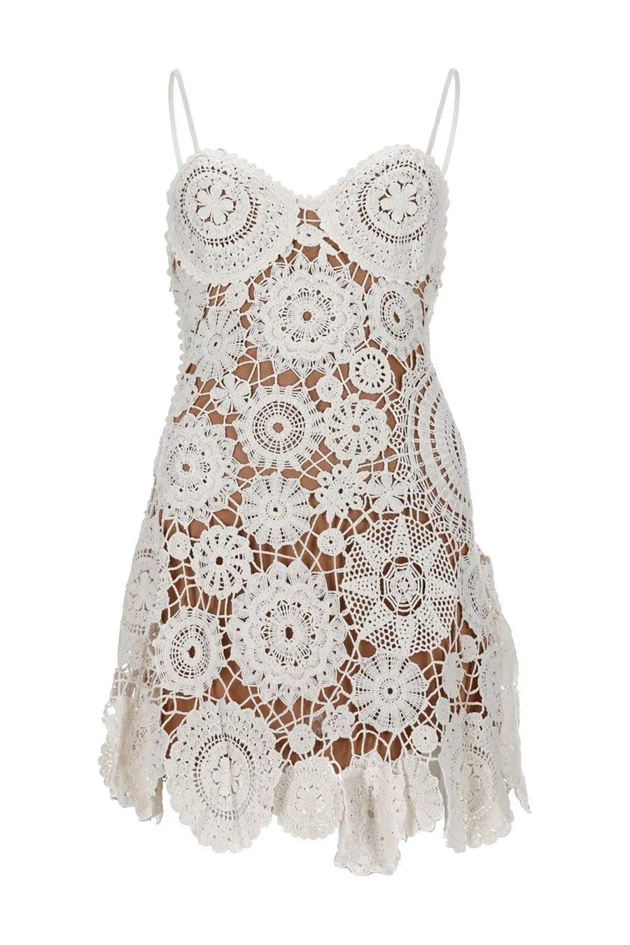 Self-portrait women’s mini abito crochet white dress with delicate circular lace patterns and thin spaghetti straps