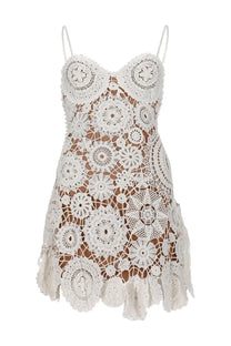 Self-portrait women’s mini abito crochet white dress with delicate circular lace patterns and thin spaghetti straps
