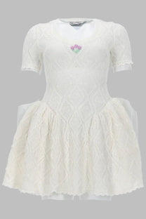 Self-portrait women’s mini abito svasato white delicate lace dress with short sleeves and embroidered floral neckline