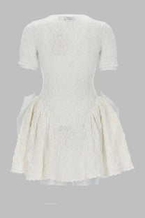 Self-portrait women’s mini abito svasato white lace dress with short sleeves and intricate diamond pattern design