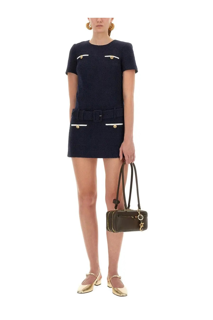 Dark green leather handbag with gold-tone hardware and circular clasp paired with self-portrait women’s mini boucle dress blue