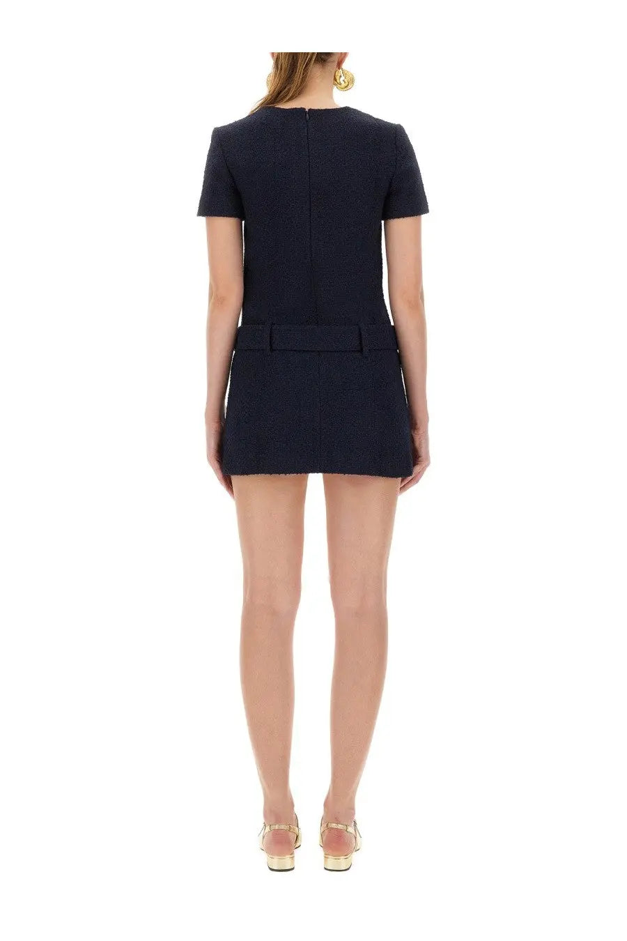 Back view of self portrait womens navy blue textured boucle mini dress with short sleeves central back seam and belt detail