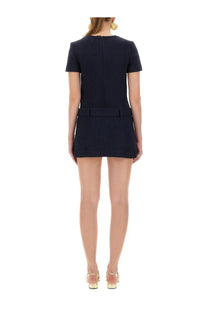 Back view of self portrait womens navy blue textured boucle mini dress with short sleeves central back seam and belt detail