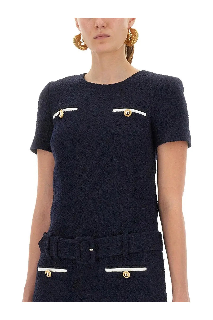 Navy blue textured tweed mini dress with white piping and gold-tone buttons by self-portrait women