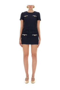 Navy blue tweed mini dress by self portrait with gold-tone buttons and matching belt in boucle fabric