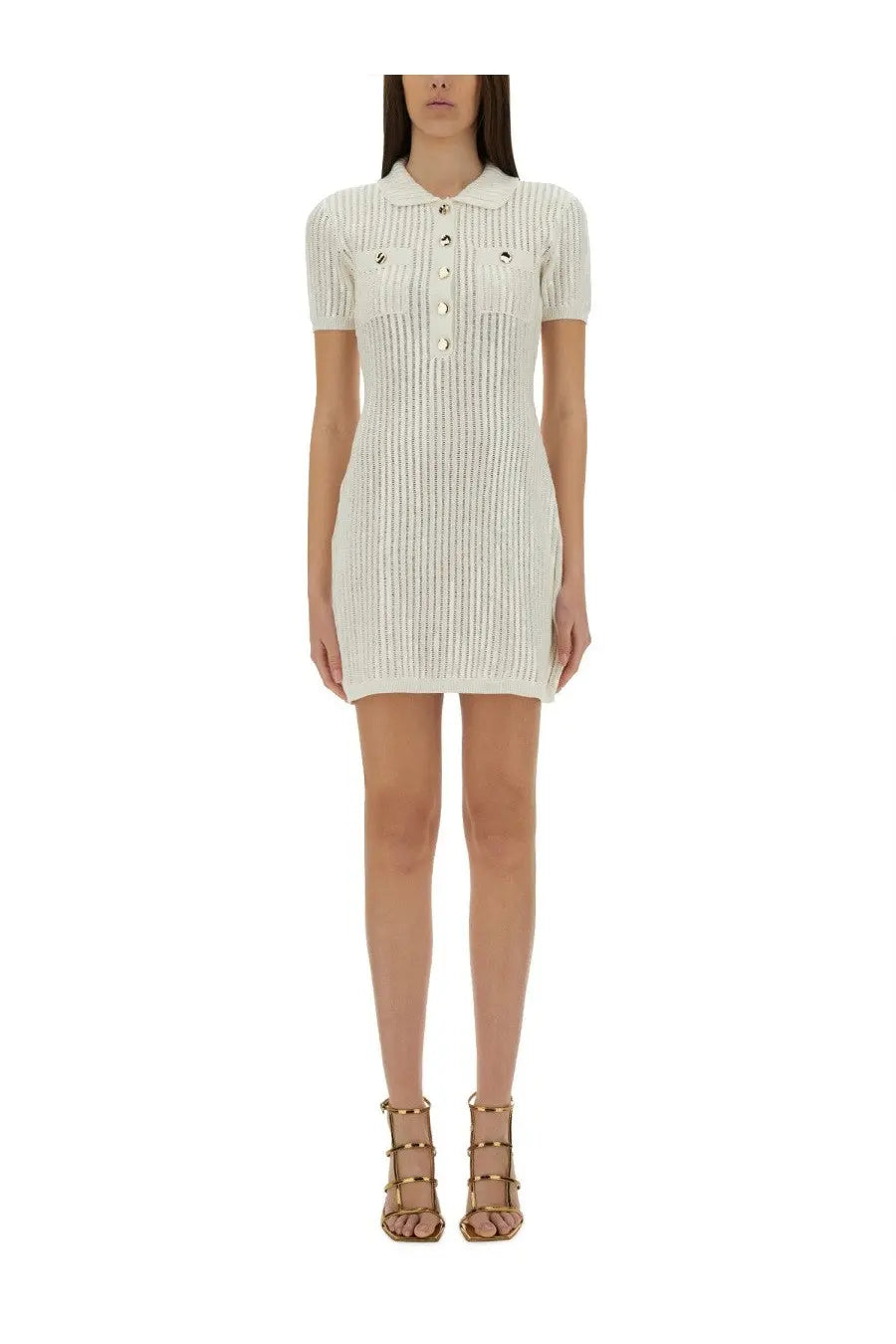 Cream-colored ribbed knit polo mini dress with collar short sleeves and front buttons from self-portrait womens collection