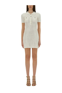 Cream-colored ribbed knit polo mini dress with collar short sleeves and front buttons from self-portrait womens collection