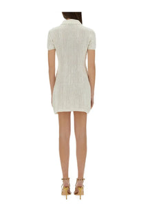 Cream-colored ribbed knit mini dress with collar and short sleeves by self-portrait in white crochet fabric