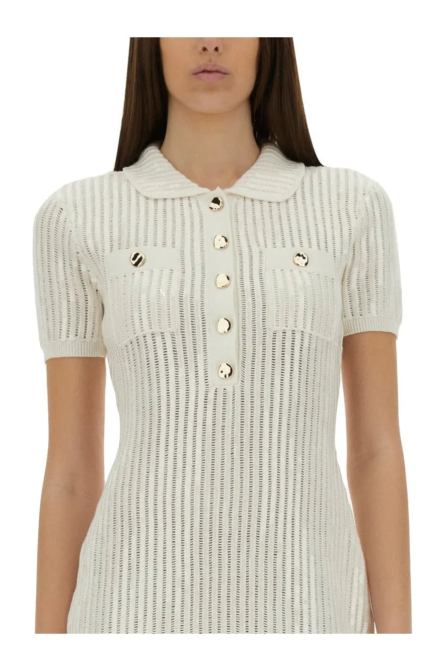 Self-portrait women’s white mini dress in cream ribbed knit with collar and gold-tone buttons down the front