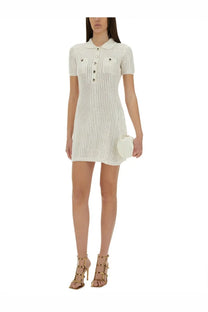 White ribbed knit polo dress with button details and short sleeves by self-portrait womens mini crochet dress white