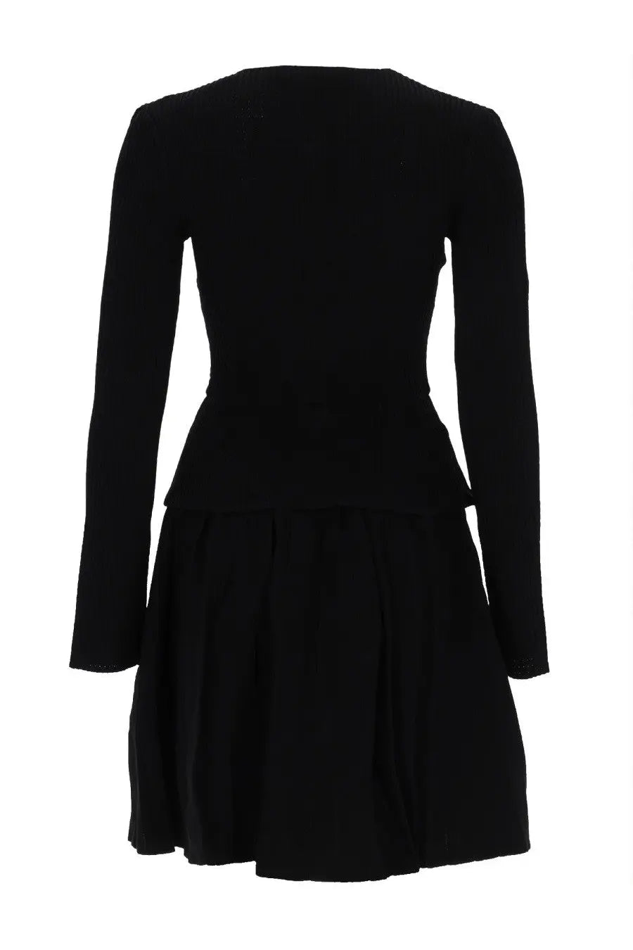 Black long-sleeved peplum mini dress by self portrait with fitted bodice and flared skirt for women