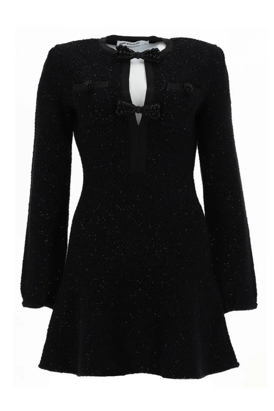 Self-portrait women’s black mini dress with black sequins bow accents and white collar detail