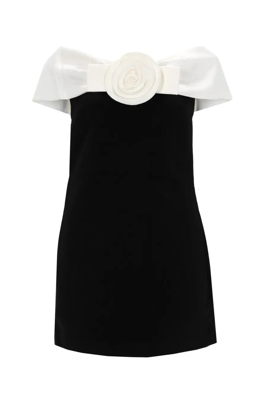 Self-portrait women’s black off-the-shoulder mini dress with white satin bow and rose embellishment at neckline