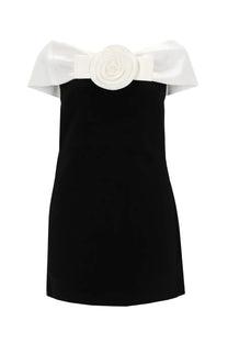 Self portrait women’s black off-the-shoulder mini dress with white satin bow and rose embellishment at neckline