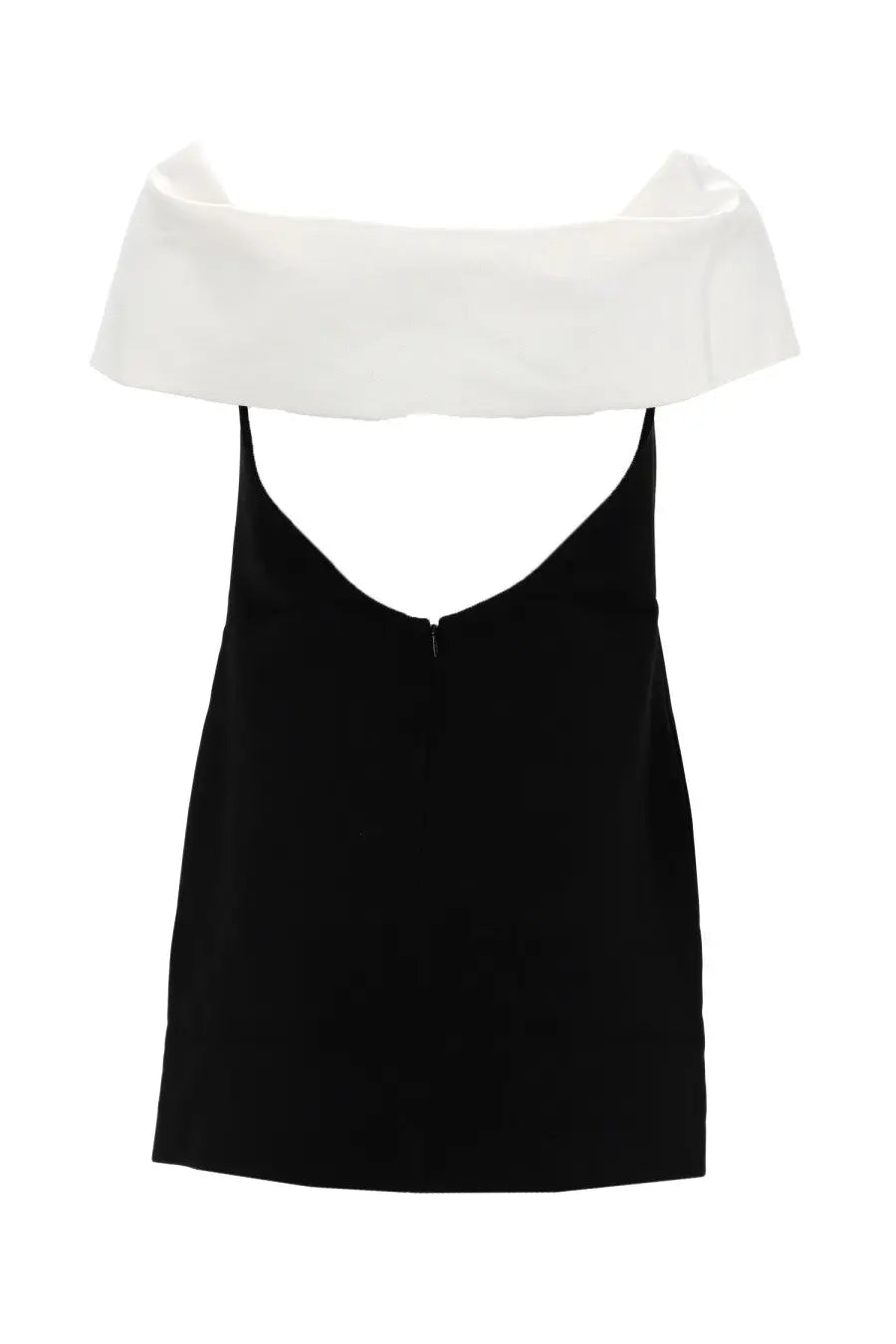 Self portrait women’s mini dress in black with a v-neckline and white satin-like fabric draped over the shoulders