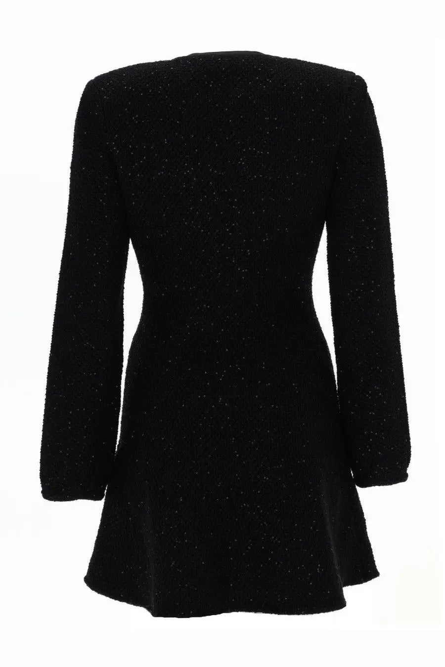 Self-portrait women’s black mini dress with long sleeves, sparkly fabric, flared skirt, and structured shoulders