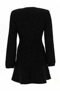 Self-portrait women’s black mini dress with long sleeves, sparkly fabric, flared skirt, and structured shoulders