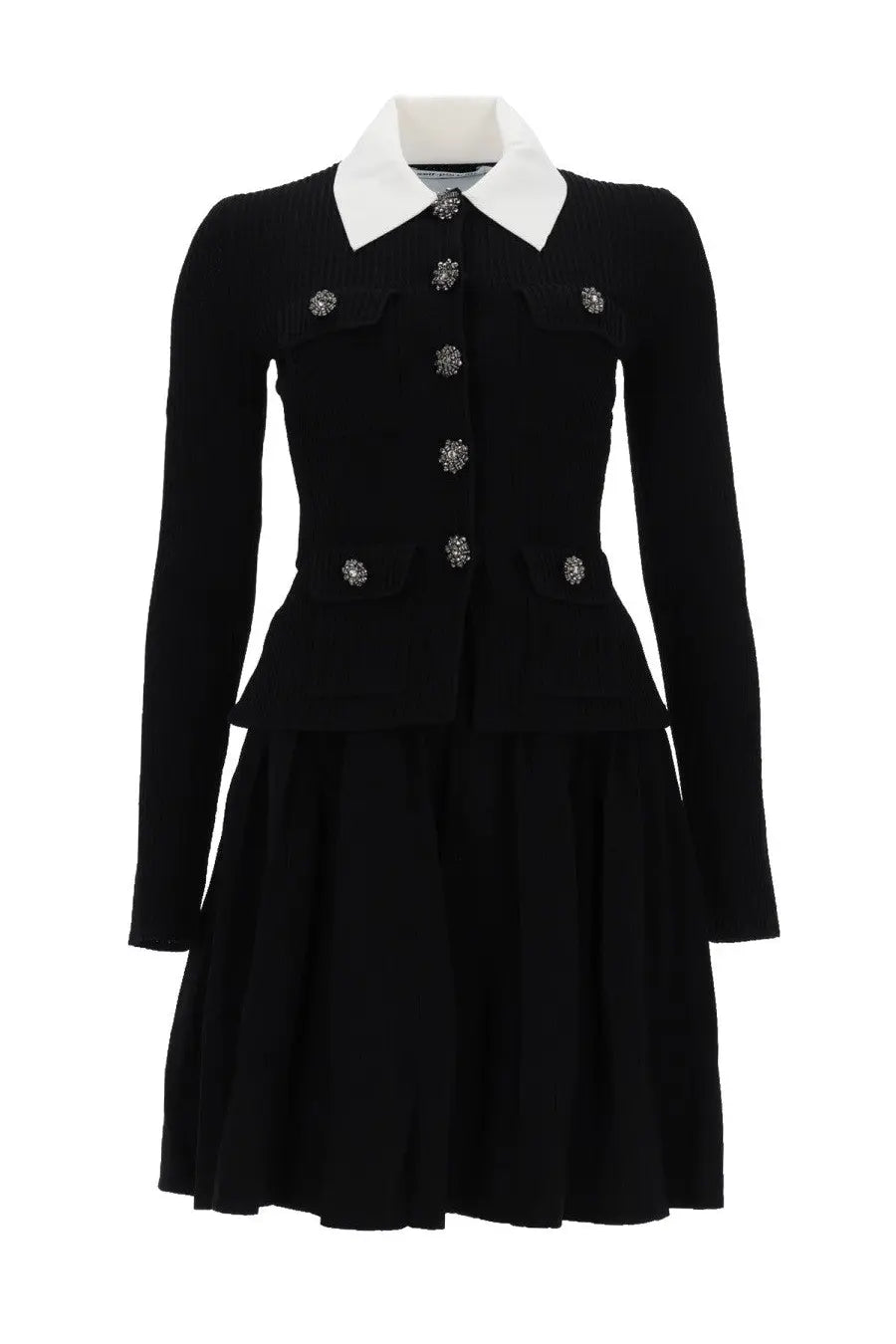 Self-portrait women’s mini dress in black with a structured coat style, white collar, and silver ornate buttons