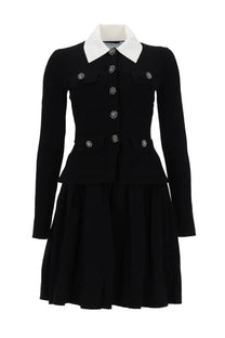 Self-portrait women’s mini dress in black with a structured coat style, white collar, and silver ornate buttons