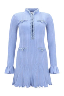 Self-portrait women’s mini dress blue light blue ribbed knit with high collar beaded trim and ruffled cuffs