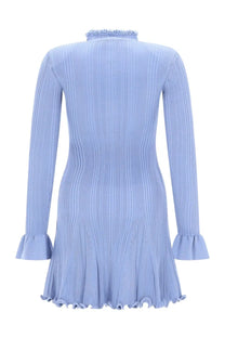 Self portrait women’s mini dress in light blue ribbed knit with high collar and flared long sleeves and hem