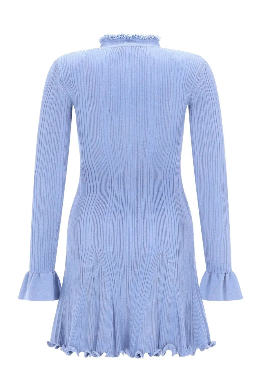 Self-portrait women’s mini dress in light blue ribbed knit with high collar flared long sleeves and hem