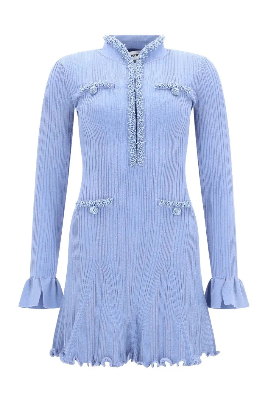 Self-portrait women’s mini dress in light blue ribbed knit with high collar beaded trim and ruffled cuffs