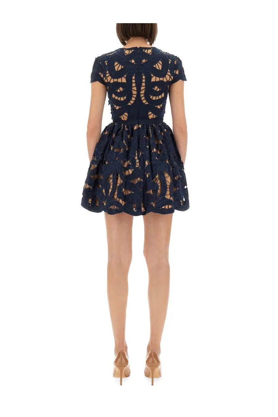 Navy blue lace mini dress with intricate floral patterns and short sleeves from self-portrait women’s collection