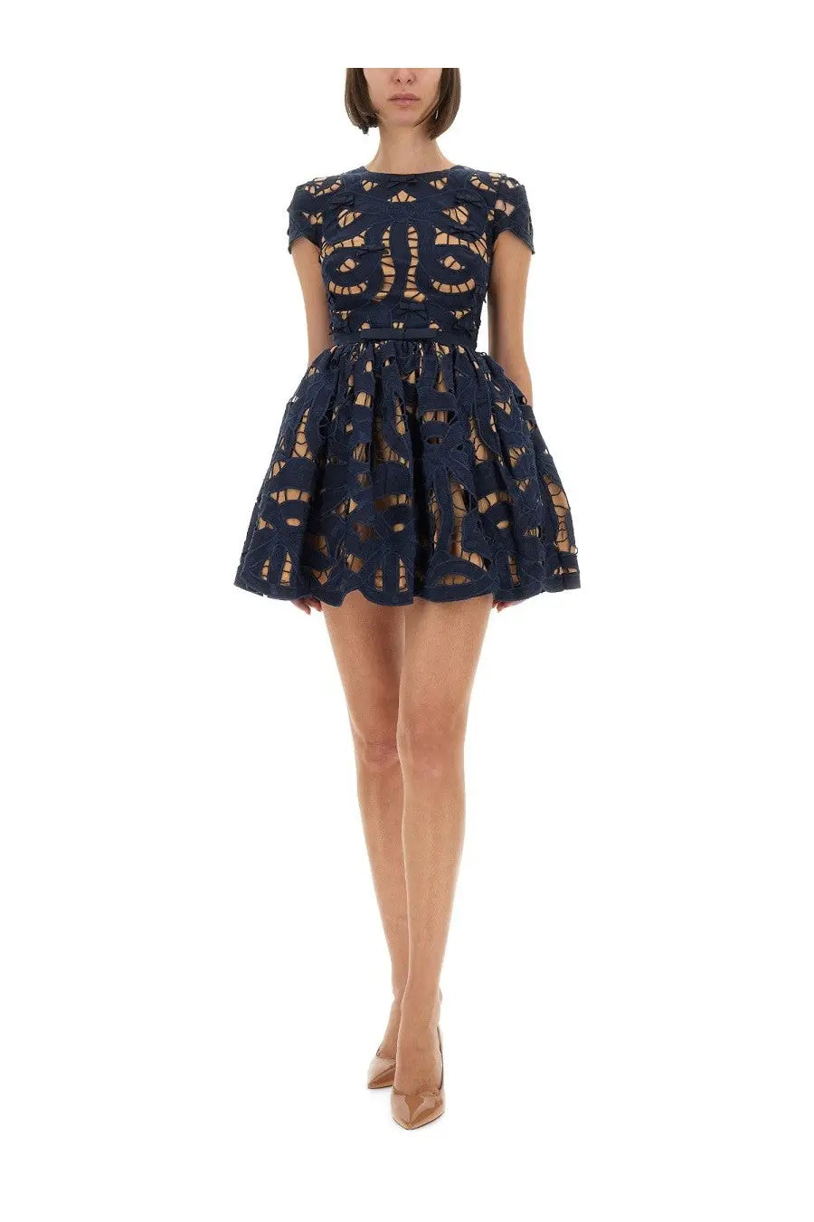 Self-portrait women’s mini dress blue navy lace with fitted bodice flared skirt and intricate cut-out pattern